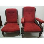 Pair of Ladys & Gents Victorian Mahogany framed Armchairs, red velvet fabric, turned legs