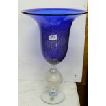 Tall Italian Glass Vase – blue with silver hues, on a clear glass stem, “Vetri Artistia”, 20”h x 12”