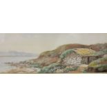 ALEXANDER WILLIAMS watercolour, thatched stone cottage at seashore, 14cm x 35cm in a scrolled gold
