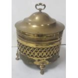 Circular Victorian Brass Coal Box, on paw feet with fretwork borders, with a lid, 19"h x 14"d