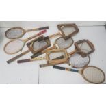 9 x vintage tennis rackets, one stamped “Portarlington”, a Bagatelle Board, a “Stock Broking” game &