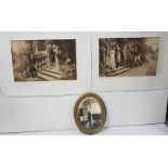 Oval-shaped Bevelled Gilt Wall Mirror & 2 unframed black and white lithographs “Courtship” (3)