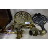 2 pairs brass sconces, brass door knob and 2 trivets