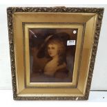 Crystoleum of a Lady wearing a feathered bonnet, 26cmH x 21cmW, in a gilt frame
