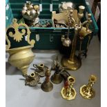 Box of brass and plated items – low candlesticks, wall vase, goblets, small companion set etc