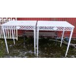 Matching Pair of cast aluminium garden tables, rectangular shaped with fretwork tops and aprons,