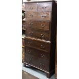 Late 19th C mahogany chest on chest, 2 short drawers over 6 graduating long drawers, brass drop