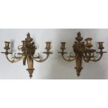 Matching pair of late 19thC Brass 3-branch Wall Lights, with flame finials, each 16"h x 14"w