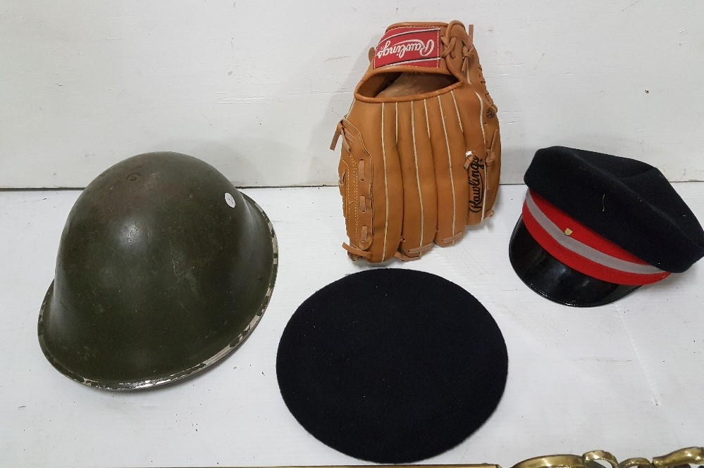 Army helmet, beret, Compton Webb hat and Rawlings baseball glove (4)