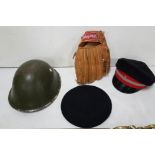 Army helmet, beret, Compton Webb hat and Rawlings baseball glove (4)