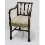 Original Regency Hepplewhite Mahogany Carver Armchair, beige floral upholstered seat atop tapered