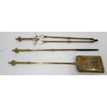 3 piece 19th C brass fire iron set – tongs, poker and shovel