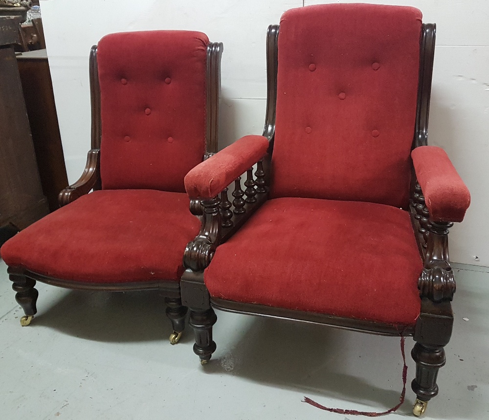 Pair of Ladys & Gents Victorian Mahogany framed Armchairs, red velvet fabric, turned legs - Image 2 of 3