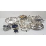 Group of silver plated items – 3 entrée dishes, 2 sauce boats, fish knives, dinner forks etc