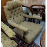 WMIV Mahogany framed Gents Armchair, with balustrade arms, on turned front legs, gold and green