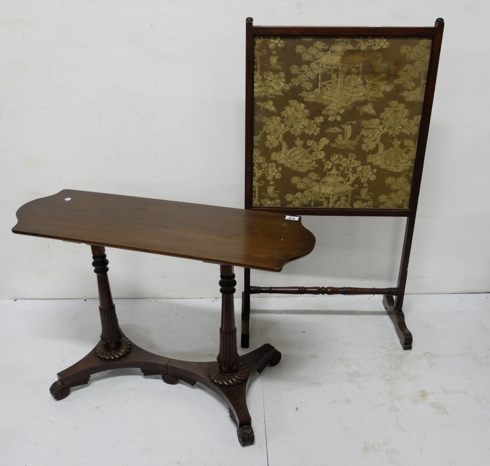 Mahogany coffee table (adapted from 2 pole screen bases) and a firescreen with silk panel (