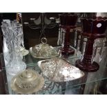 Silver plated 4 section cake dish, glass tobacco bowl on stand, cut glass vase and a red glass