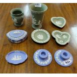 Wedgewood Items – 5 green and 4 blue and white – candlesticks, trinket dishes etc (9)