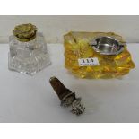 Yellow glass ashtray, plated stopper & a crystal inkwell (3)