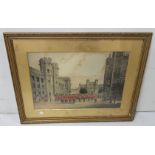 Early 20th Century hand coloured mezzotint red coated military in tower yard, 30cm x 45cm in gilt