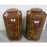 Pair of tall Chinese Teabins, red ground, decorated with Chinese figures and landscapes,