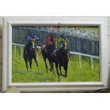 “THE RACE” – modern oil on canvas, 68cmW x 42cmH in a contemporary white frame