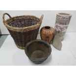 Wicker basket, Chinese style jardiniere stand (modern), wooden pot and bottle (4)