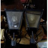 Pair of modern outdoor lanterns, Perspex panels, metal frames, each 47"h x 18"w with label DW