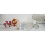 Selection of glassware – set of 4 red glass bright cut sherry glasses, a red glass bowl with lid,