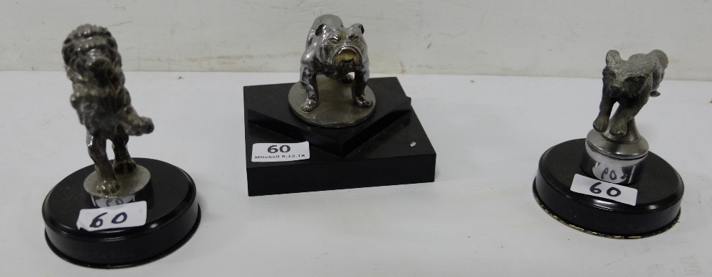 3 chrome animal figures (possibly car mascots), bulldog, lion and fox, each approx. 4”w (3)