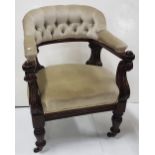 William IV mahogany gent’s armchair, on turned front legs, bow back with buttoned in beige fabric,