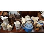 3 Carrigaline mugs, jug, 2 stoneware bottles, pair of dogs and 4 modern copper water jugs, 2