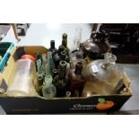 Group of glass bar items including coloured bottles, 2 distilling bottles etc