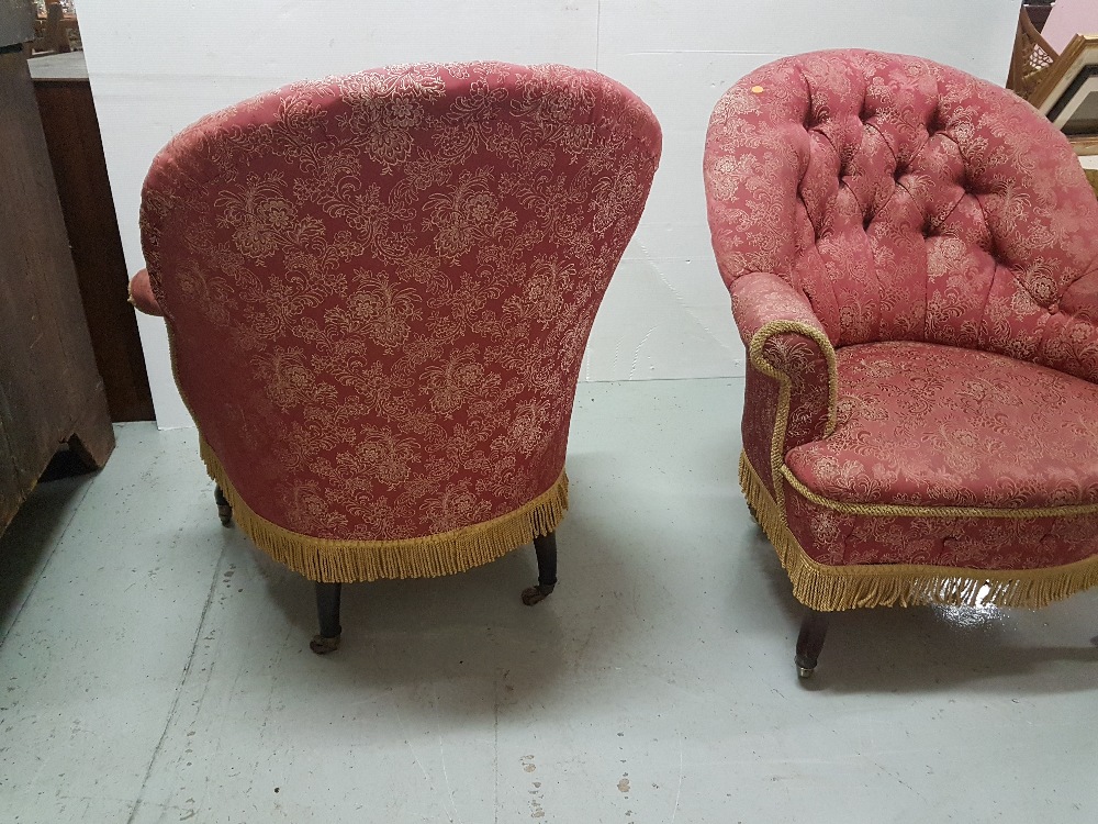 Matching pair of Victorian armchairs, oval backs covered with red/gold fabric, buttoned(worn), 30” - Image 3 of 3