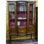 Edw. Inlaid Mahogany Display Cabinet, bowed glass front with glass side panels, on tapered legs,