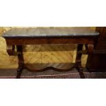 Mahogany Console Table, a grey marble top over an apron drawer and S scroll pillars above a