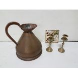 English Floor tile (floral), pair of brass candlesticks & a 1 gallon copper measure