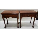 Matching Pair of Walnut Side Tables, with apron drawers and Queen Ann padded legs, W59cm x H63cm (