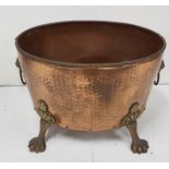 Oval copper planter, on brass claw feet, 16”w x 11”h, with carrying handles