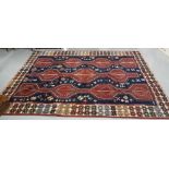 Persian Wool Floor Rug, with abstract styled borders, multiple coloured patterns, blue and deep