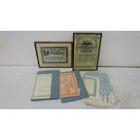 2 bundles of original old share certificates (spent), mainly English companies, also 2 framed