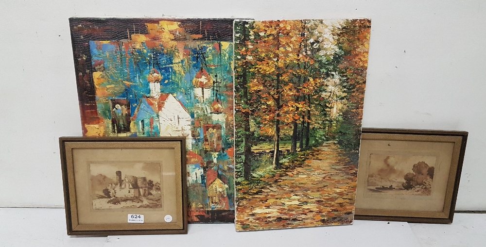 2 unframed oils on canvas, Autumn forest path, signed KYNOBE & abstract village and Russian church