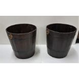 Matching Pair of Circular Hardwood Peat Buckets, with brass carrying handles, H50cm x D49 x W52