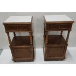 Pair French Bedside Pedestals with square white marble tops, each with a lower cabinet and shelf,