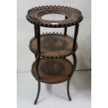 3-Tier Ebonised French Occasional Table, heavily inlaid, with well to top shelf, brass studding,