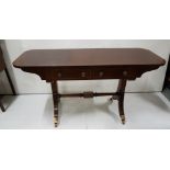 Inlaid mahogany low-sized Sofa Table, with 2 drawers and brass knobs, stretcher, 50”w x 19”d x 26”h