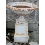 Antique cast iron garden urn, a darted edge rim 32”dia x 44”h, on a pedestal base