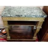 19thC Gilt Console Table, the rectangular green marble top over a foliate carved apron and simulated