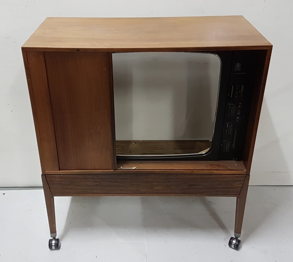 Walnut television stand, 1960s with TV frame DYNATRON, on casters, with sliding door 32.5”w x 35”h