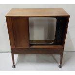 Walnut television stand, 1960s with TV frame DYNATRON, on casters, with sliding door 32.5”w x 35”h